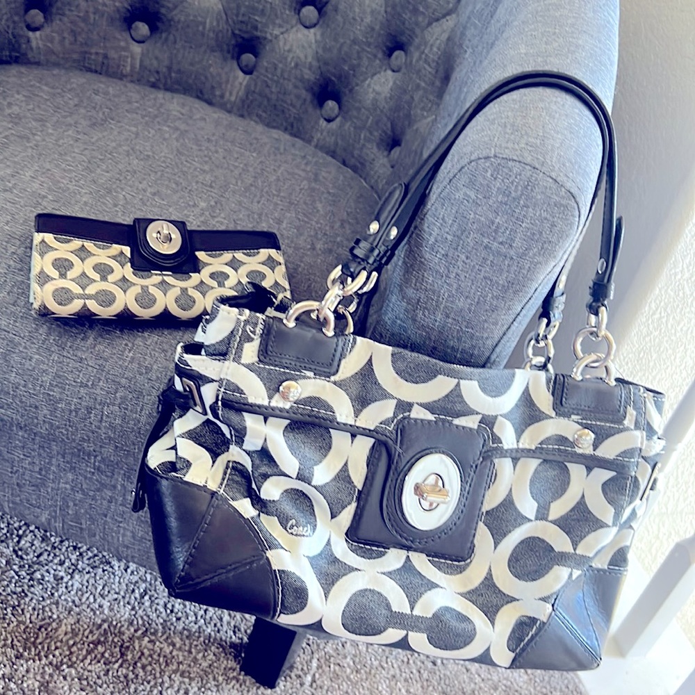 Coach black and white purse with matching wallet